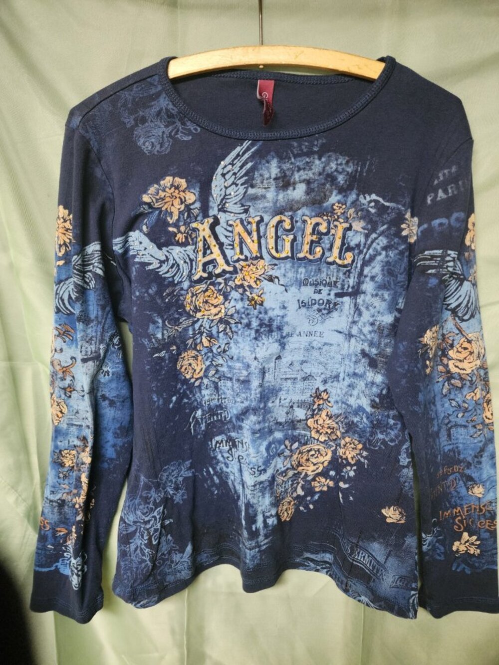 Vintage Gitano Angel Wings Floral Rhinestone Graphic Shirt Size XL